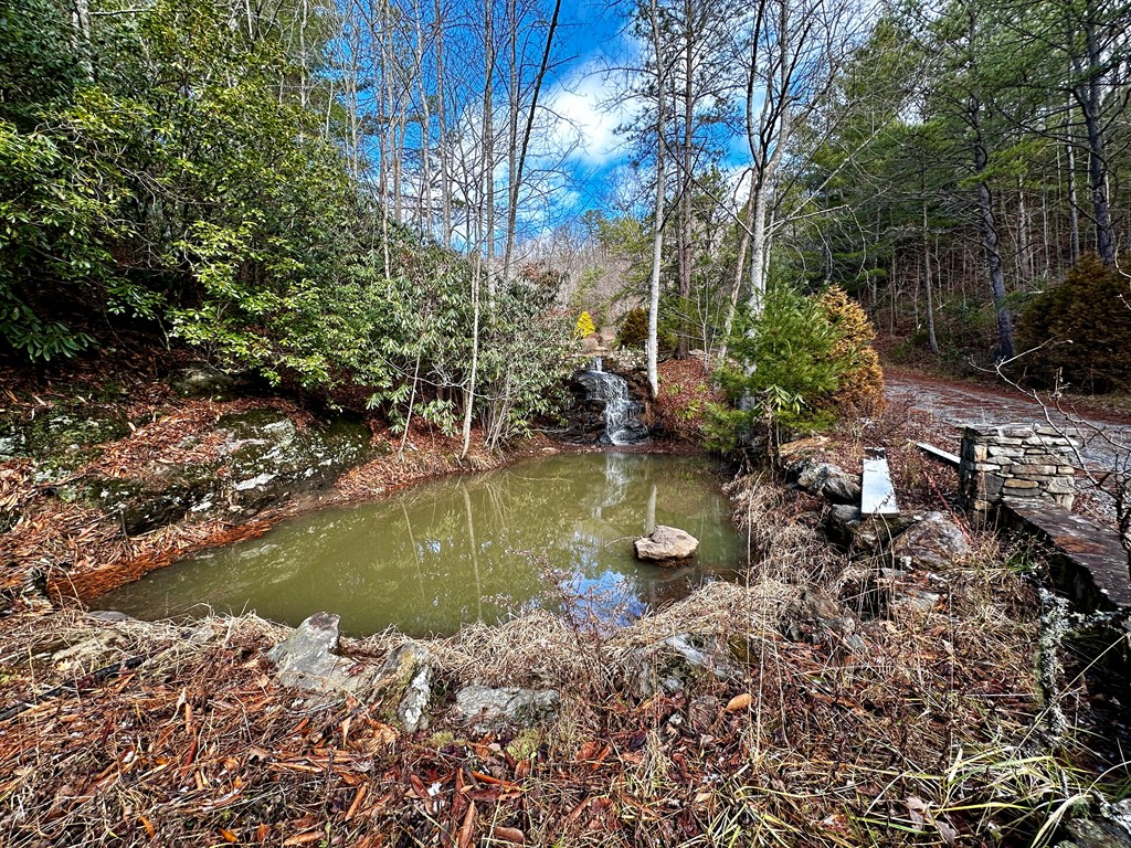 Pond and waterfall at the entrance