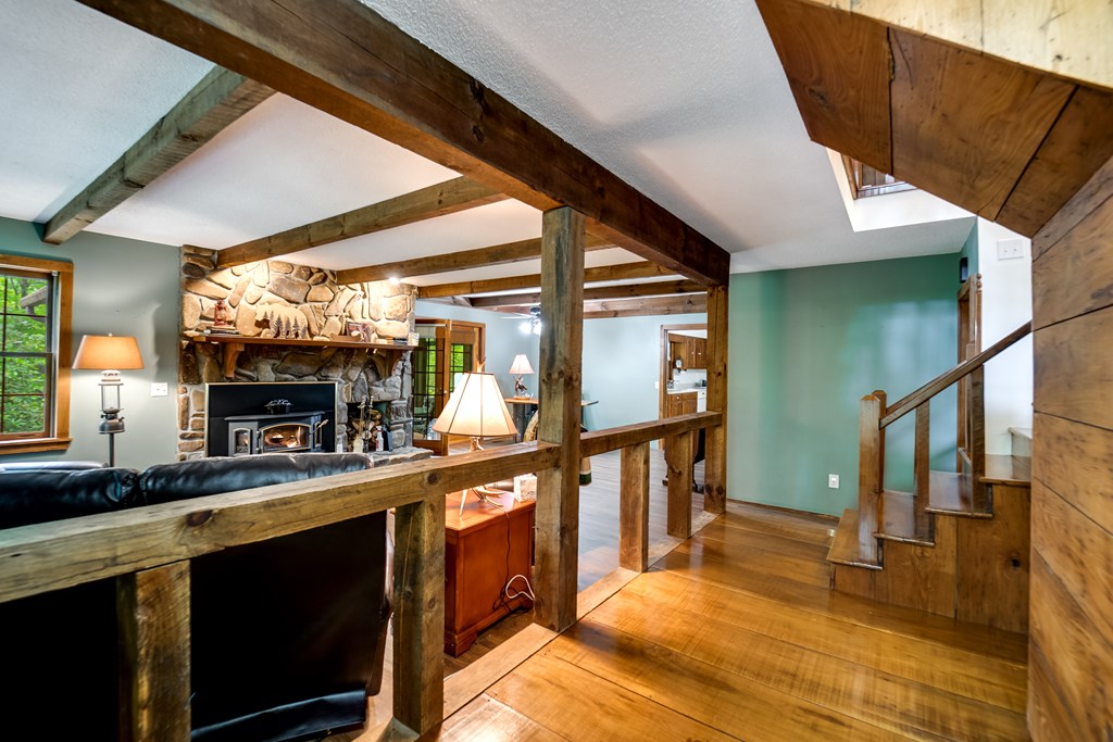 Barn wood timber frame in family room and kitchen