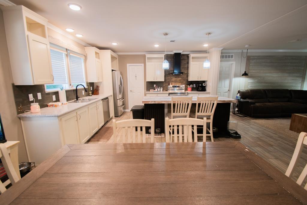 view from dining table to kitchen