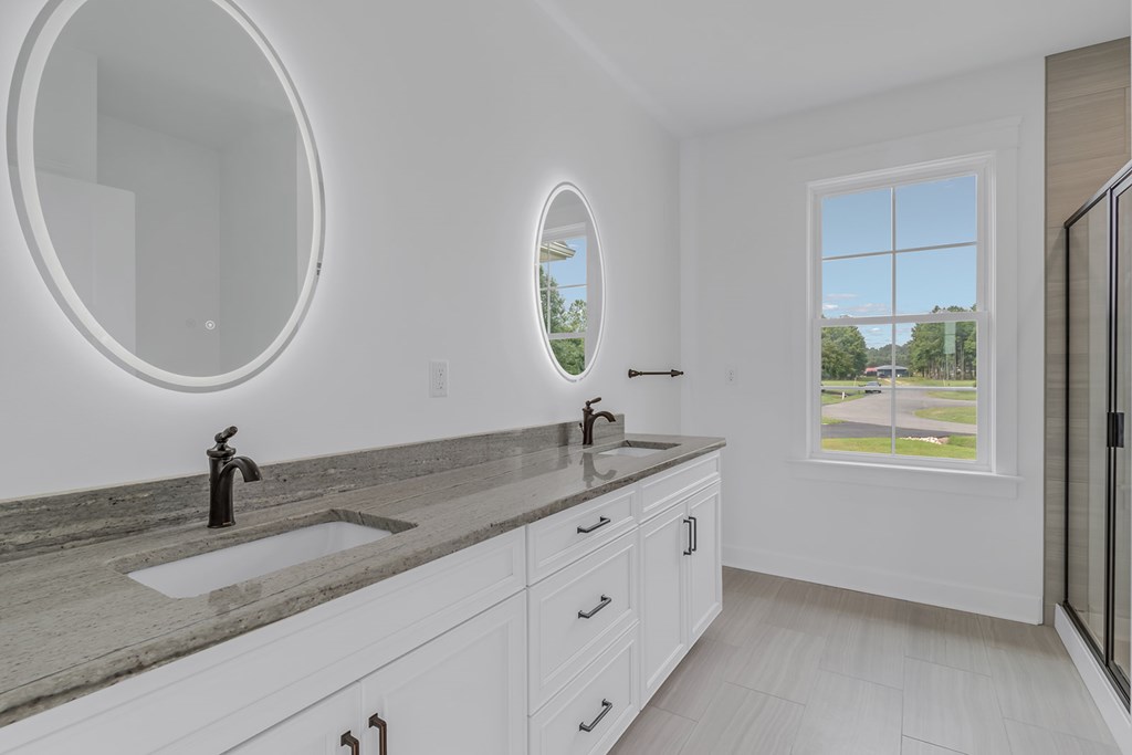 Attached bathroom with solid surface 2 sink vanity